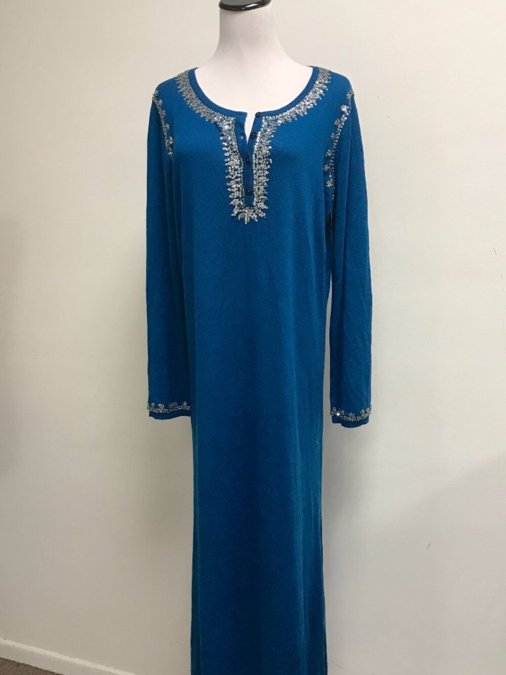 Soft Surroundings blue silver sequin cashmere silk knit caftan maxi dress L New
